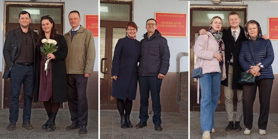 Sergey e Svetlana Malyanov, Oleg Konshin e Roman Zhivolupov com seus familiares no tribunal em Nizhny Novgorod. abril de 2023