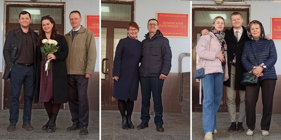 세르게이와 스베틀라나 말랴노프, 올렉 콘신, 로만 지볼루포프가 니즈니노브고로드 법원에서 가족들과 함께 있는 모습. 2023년 4월